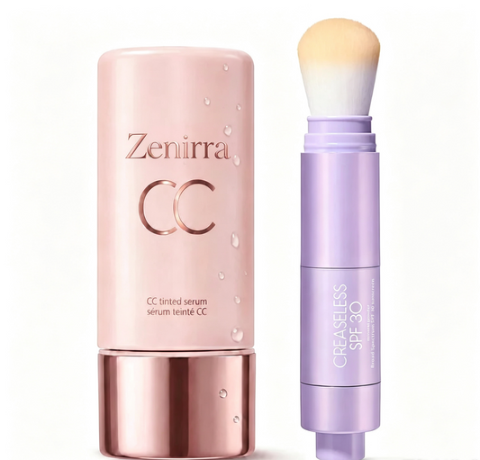 summer skin essentials - CC color-correcting tinted serum + creaseless SPF 30 mineral setting powder