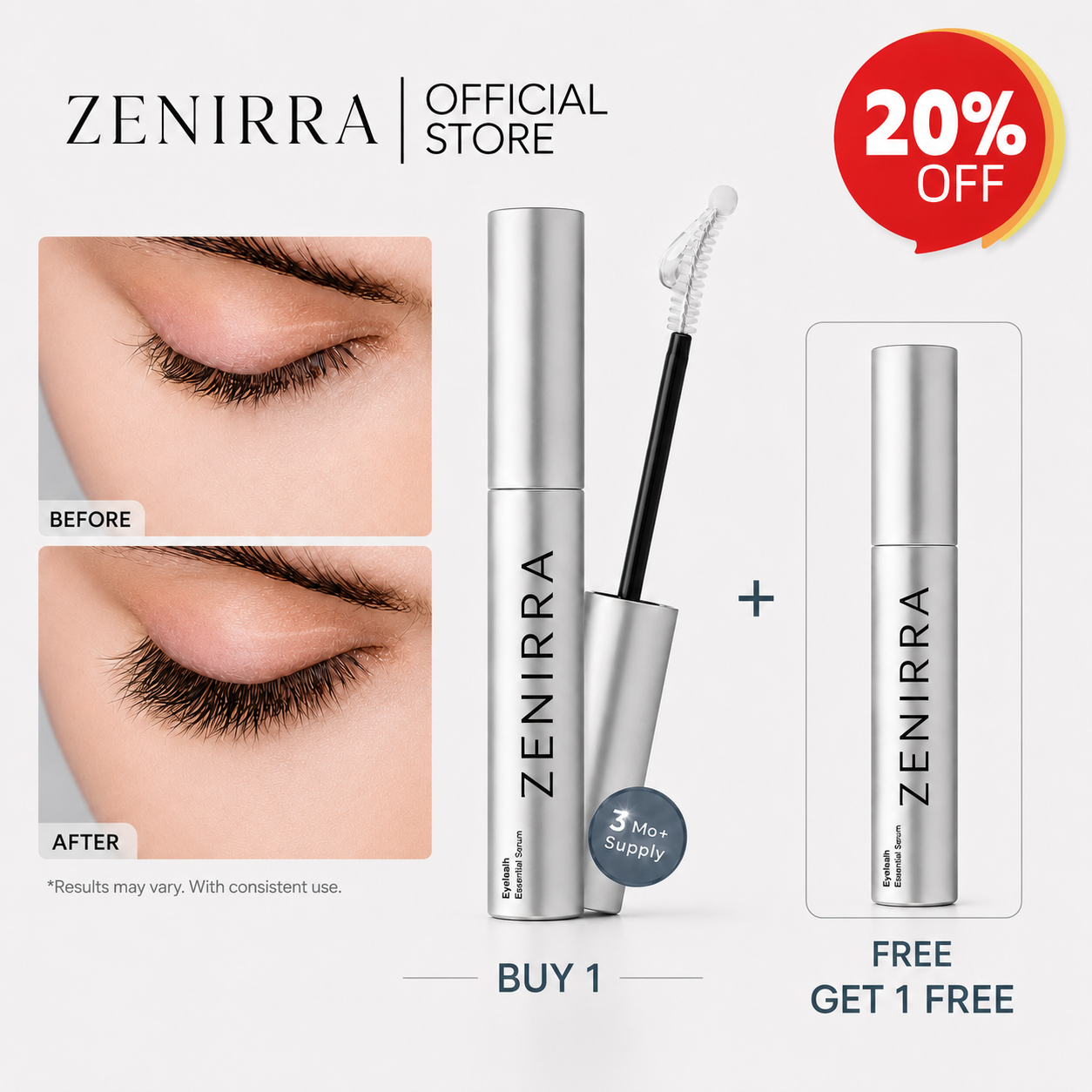 Zenirra™ Eyelash Growth Serum | Longer, Fuller Looking Lashes | Buy 1 Get 1 FREE + Up to 20% OFF